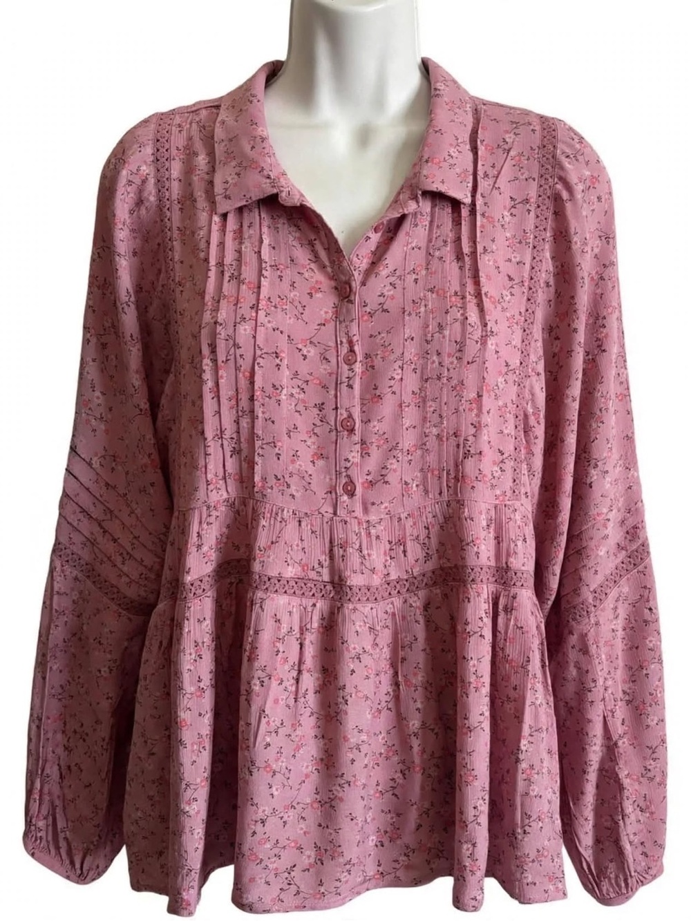 Lucky Brand Dusty Mauve Pink Floral Peasant Top L Boho Babydoll Pintuck Lace